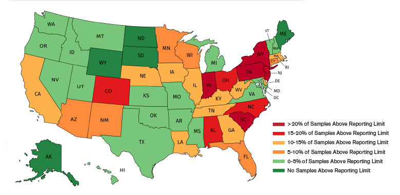 Heat map showing states that had 1,4-Dioxane levels that were above USEPA reporting limits