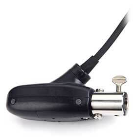 The black and silver oblong shaped Hach EM950 portable velocity/depth sensor attached to a 100 foot black cable.