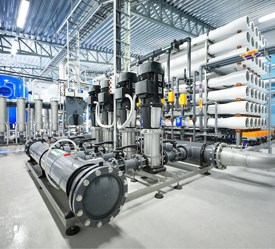 Alt Text   A pump station using reverse osmosis membranes within an industrial water treatment station.