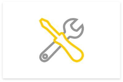 A simple illustration of a yellow screw driver overlapping a gray wrench in an X shape.