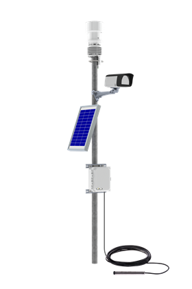 One variation of the OTT HydroMet Urban Flood Warning Station equipped with a datalogger in enclosure, OTT PLS 500, station camera, solar panel, and weather station mounted to a 2" pole.