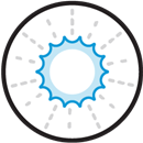 UV Treatment icon of a blue starburst within a black circle icon