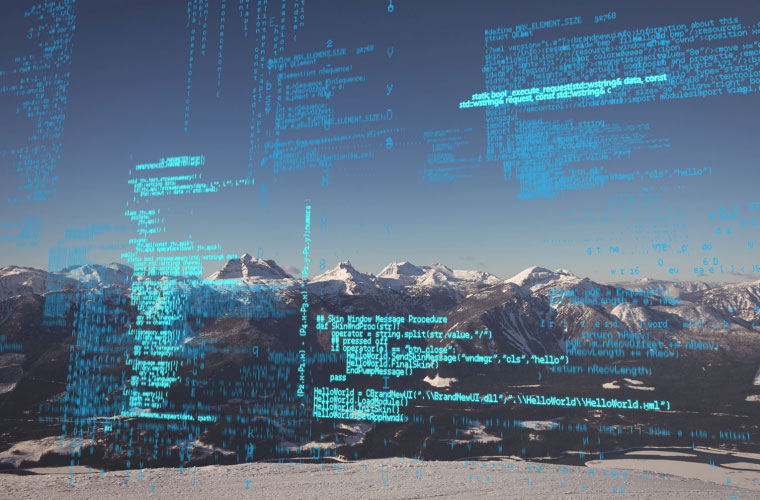 Coding language overlaying mountain scenery