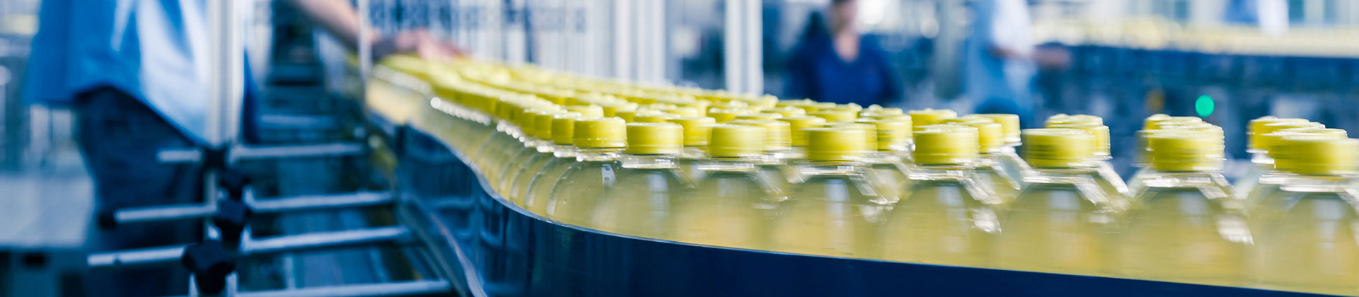 Bottles in a factory assembly line.