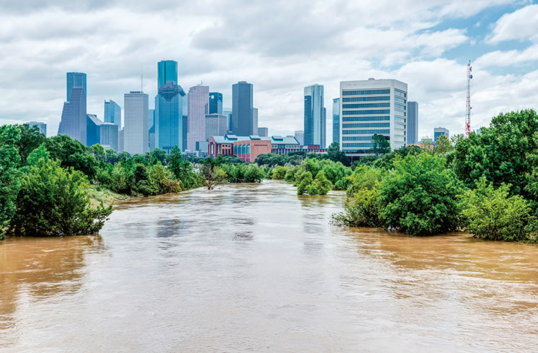 Skyline of Houston, TX during a flood event.