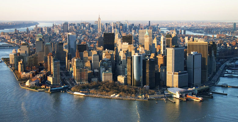 A aerial photo of New York City skyline and port