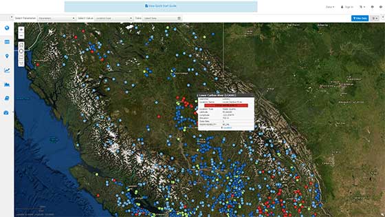 Screenshot of Aquarius customer dashboard, with detailed map view of all water data collection points.